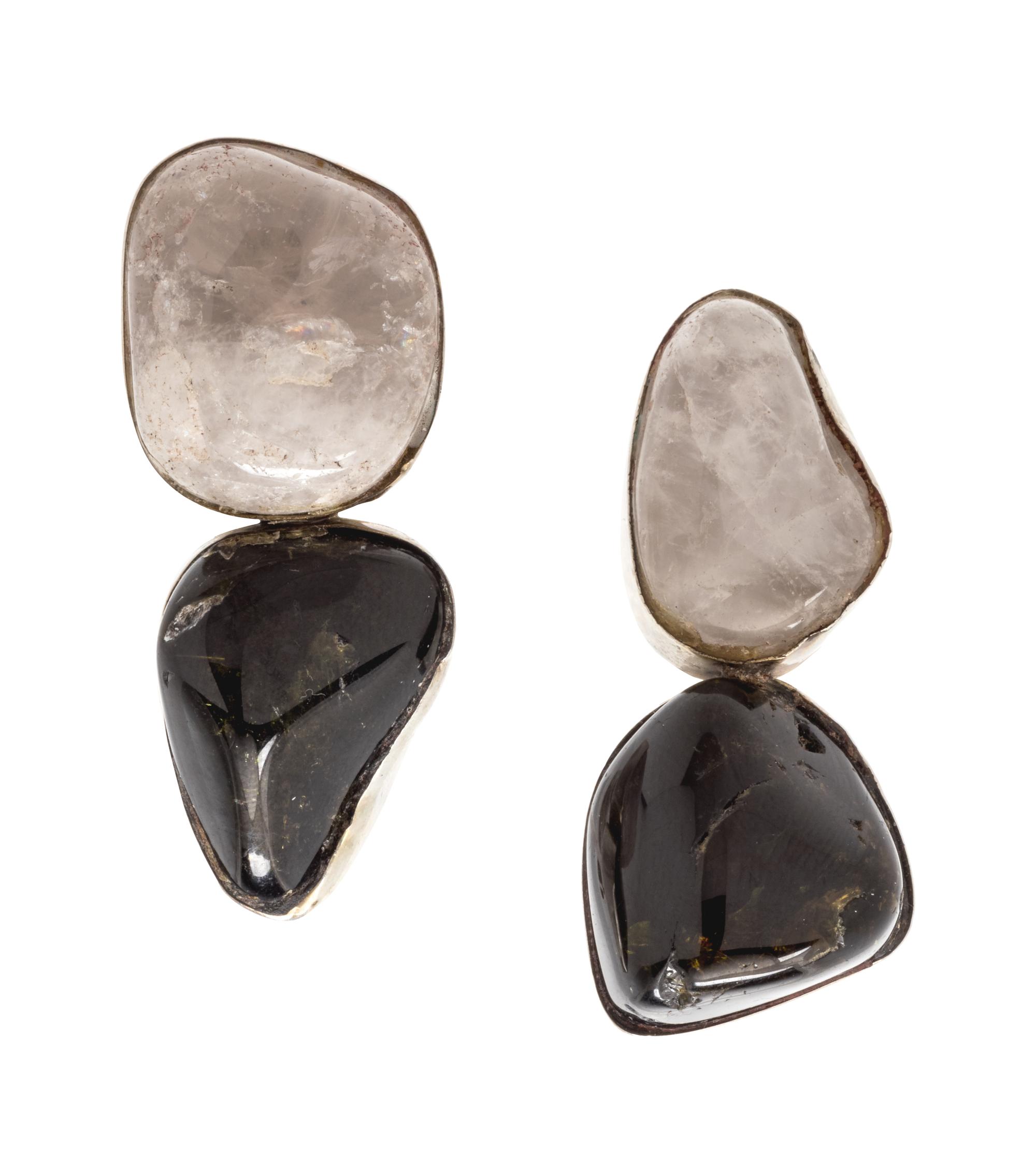 A Pair of Sterling Silver, Tourmaline and Quartz Earclips,