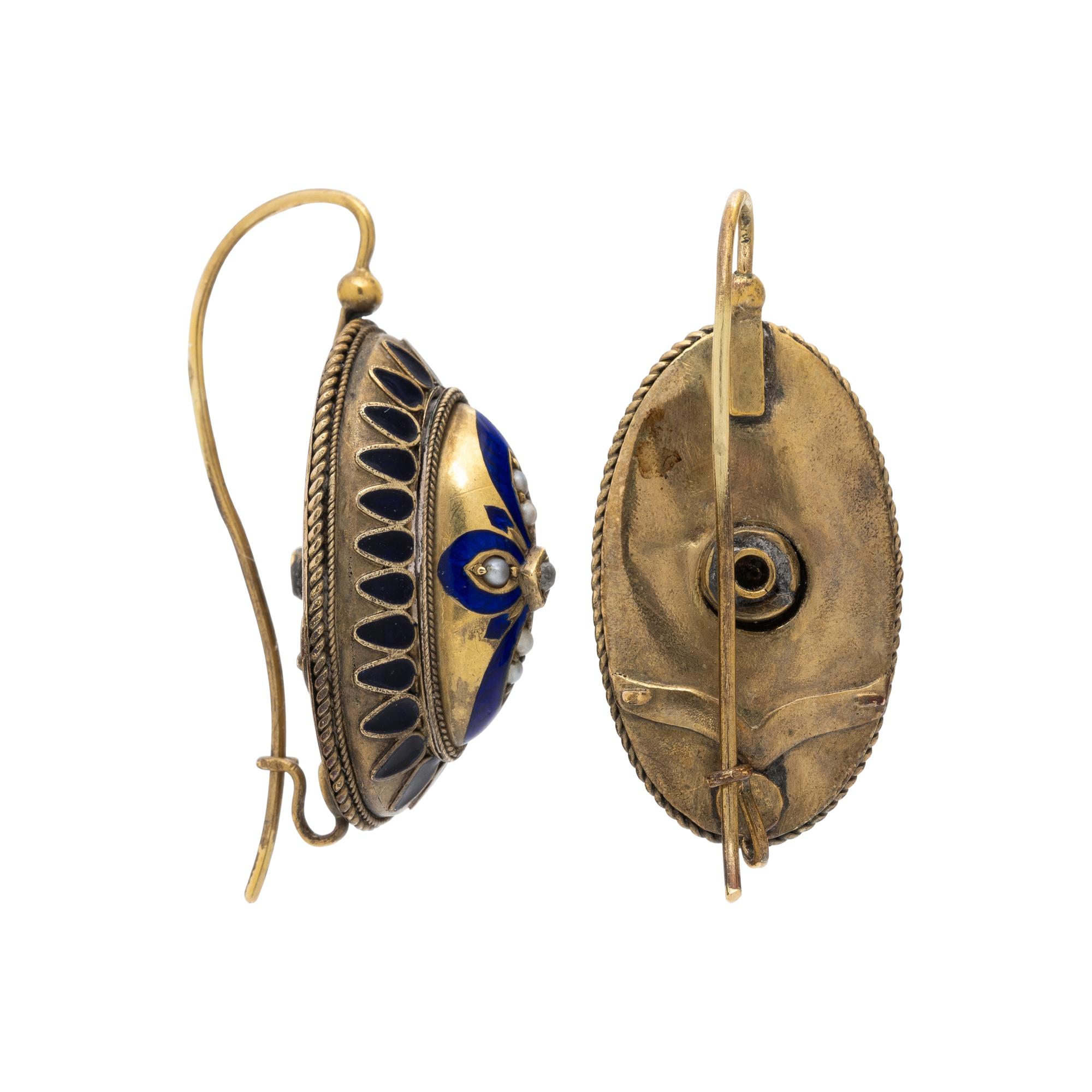 ANTIQUE, ENAMEL, DIAMOND, AND SEED PEARL EARRINGS