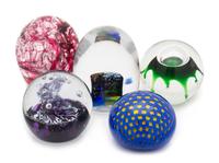 Five Glass Paperweights Diameter of largest 2 3/4 inches