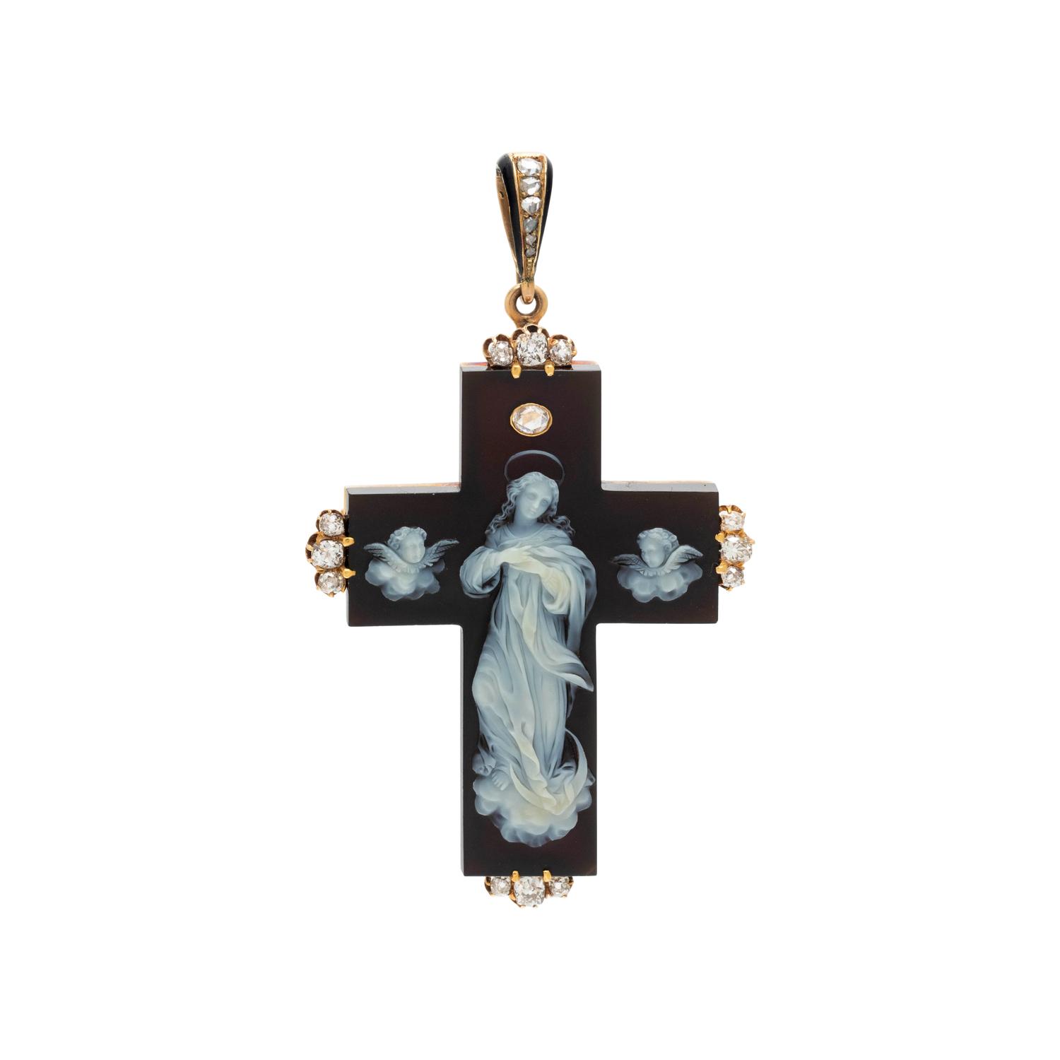 VICTORIAN, ONYX CAMEO AND DIAMOND CROSS PENDANT/BROOCH