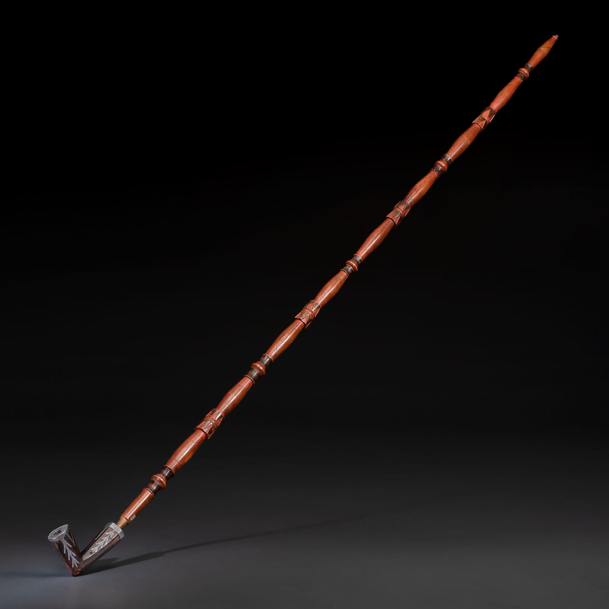 Monumental Ojibwe Calumet Pipe, with Fine Lead Inlay Burl Bowl