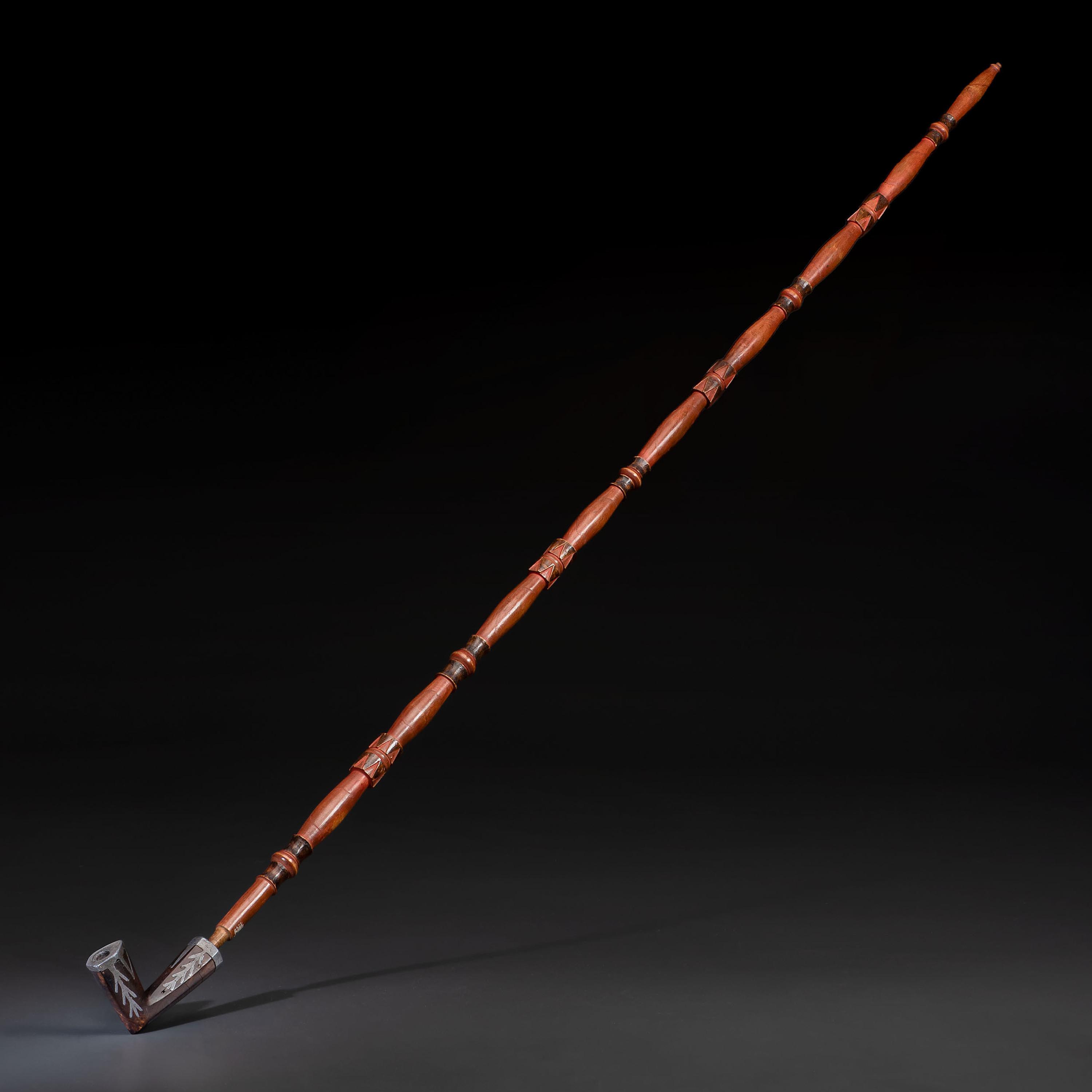 Monumental Ojibwe Calumet Pipe, with Fine Lead Inlay Burl Bowl