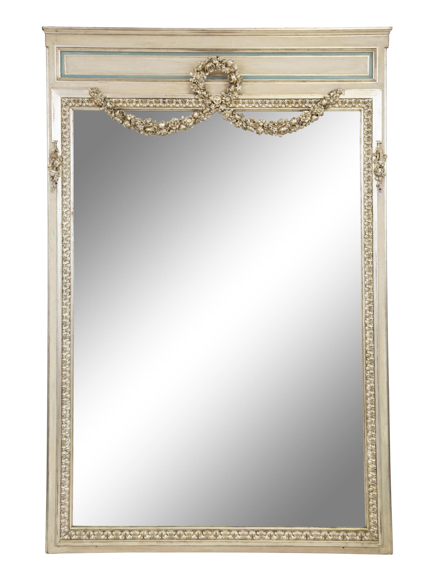 A Louis XVI Style Painted and Part-Silvered Boiserie Mirror