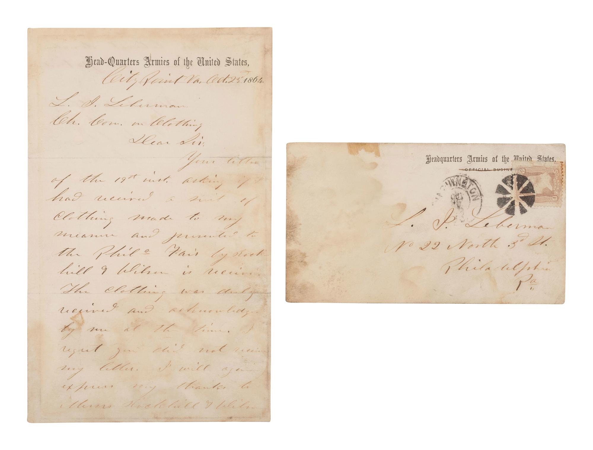 GRANT, Ulysses S. (1822-1885). Autograph letter signed ("U.S. Grant"), as Lieutenant General. City Point, VA, 25 October 1864. With original cover addressed in Grant's hand.