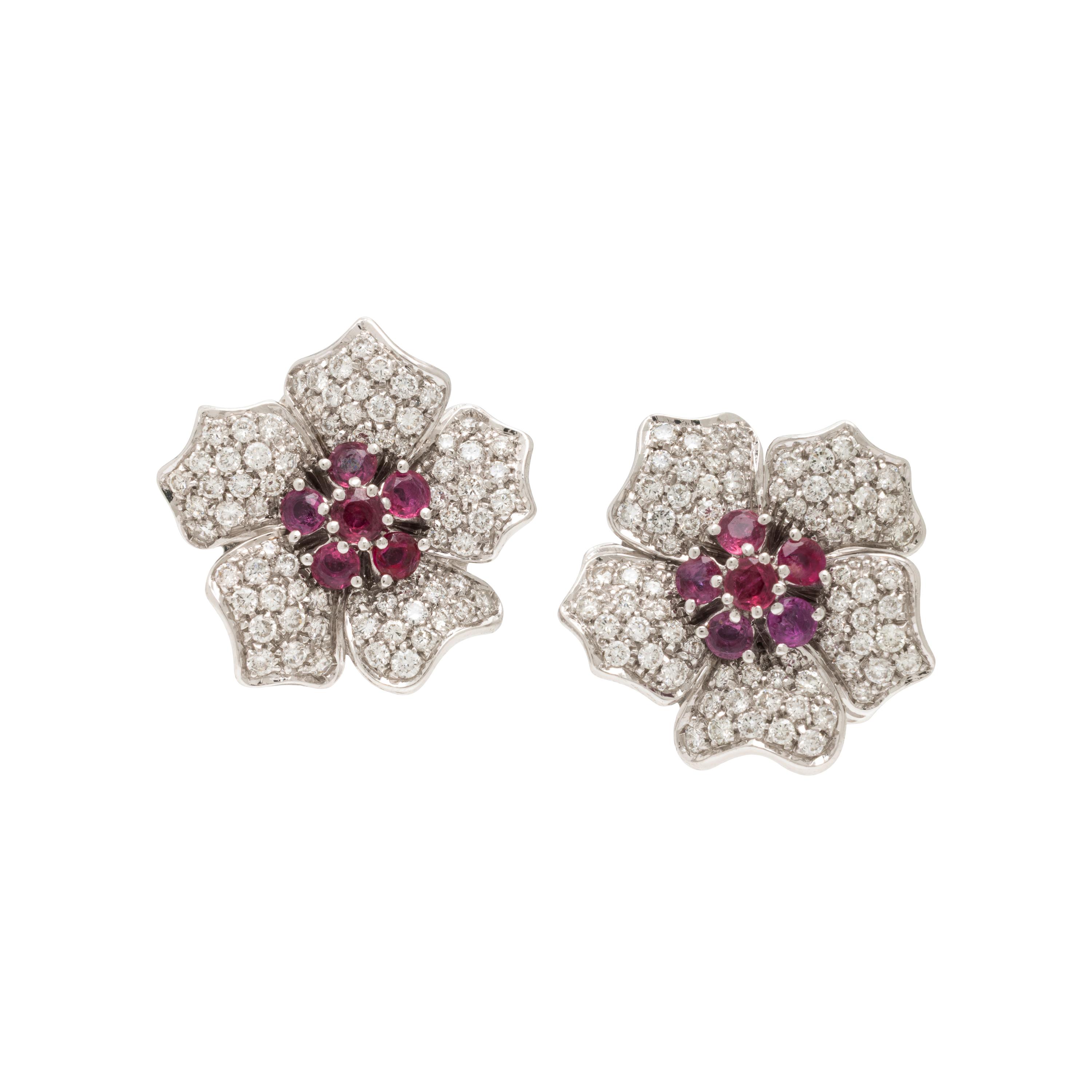 Diamond and Ruby Flower Earrings