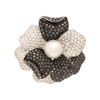 Cultured Pearl, Diamond, and Black Diamond Flower Brooch