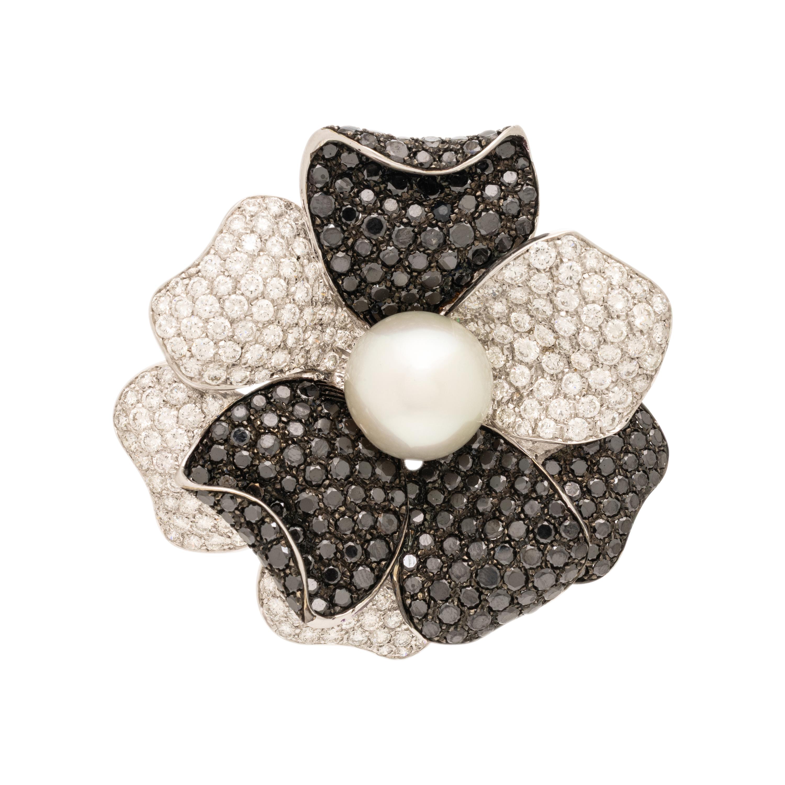 Cultured Pearl, Diamond, and Black Diamond Flower Brooch