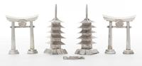Four Japanese Style Silver Castors, , comprising two examples in the form of a torii gate and two examples in the form of a pagoda.