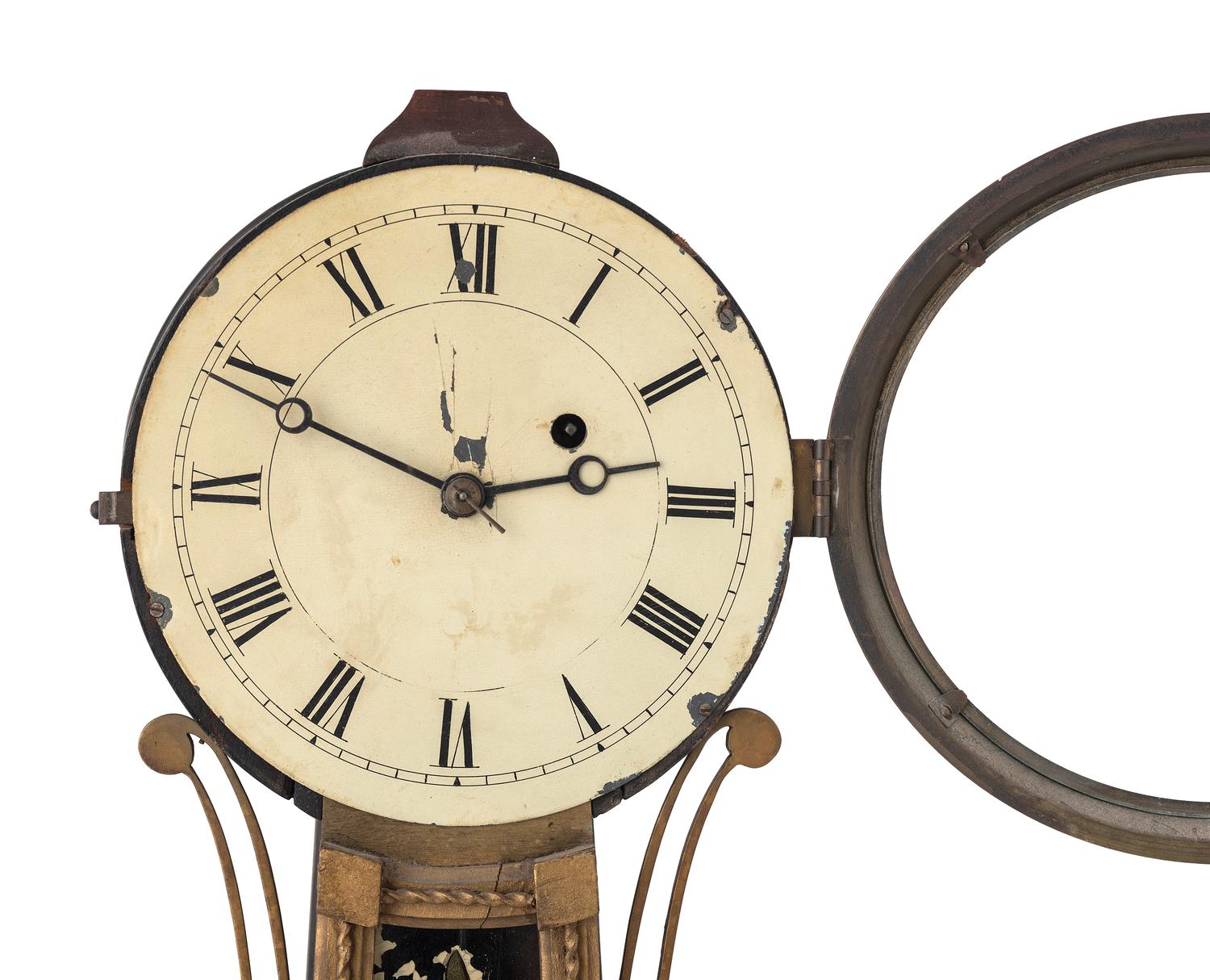 A Federal Eglomise Inset, Parcel Gilt George Washington and Mount Vernon Decorated Banjo Clock