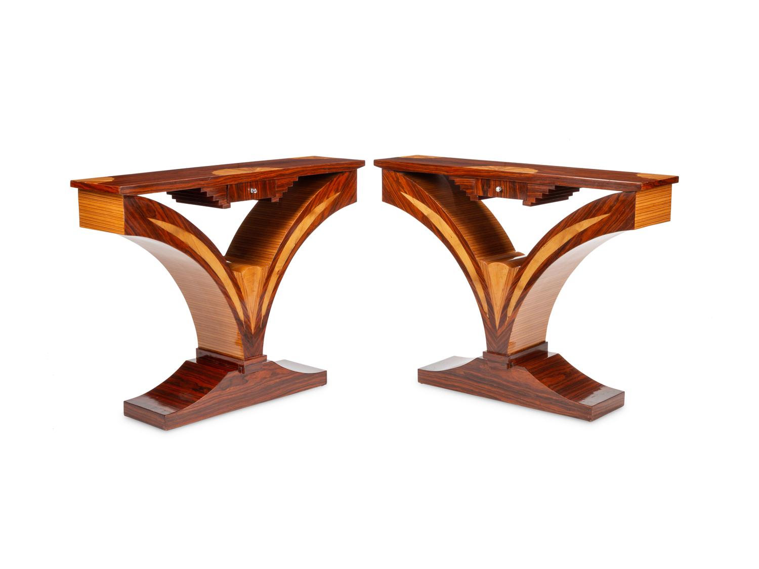 A Pair of Art Deco Style Various Woods Console Tables