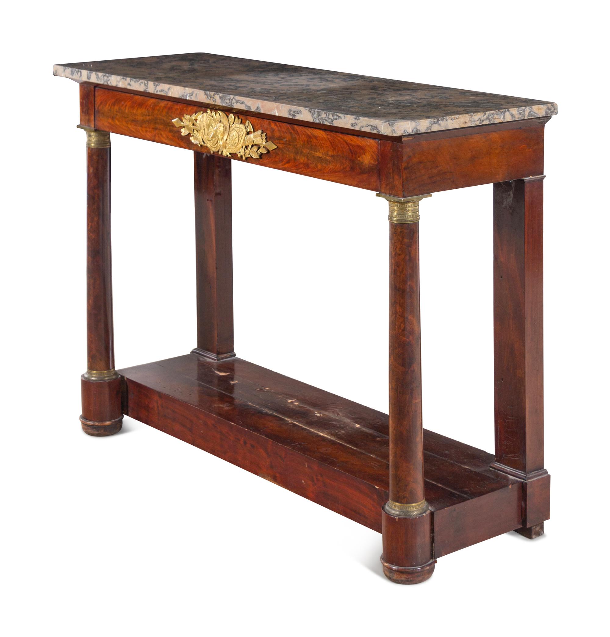 An Empire Style Gilt Metal Mounted Mahogany Marble-Top Pier Table