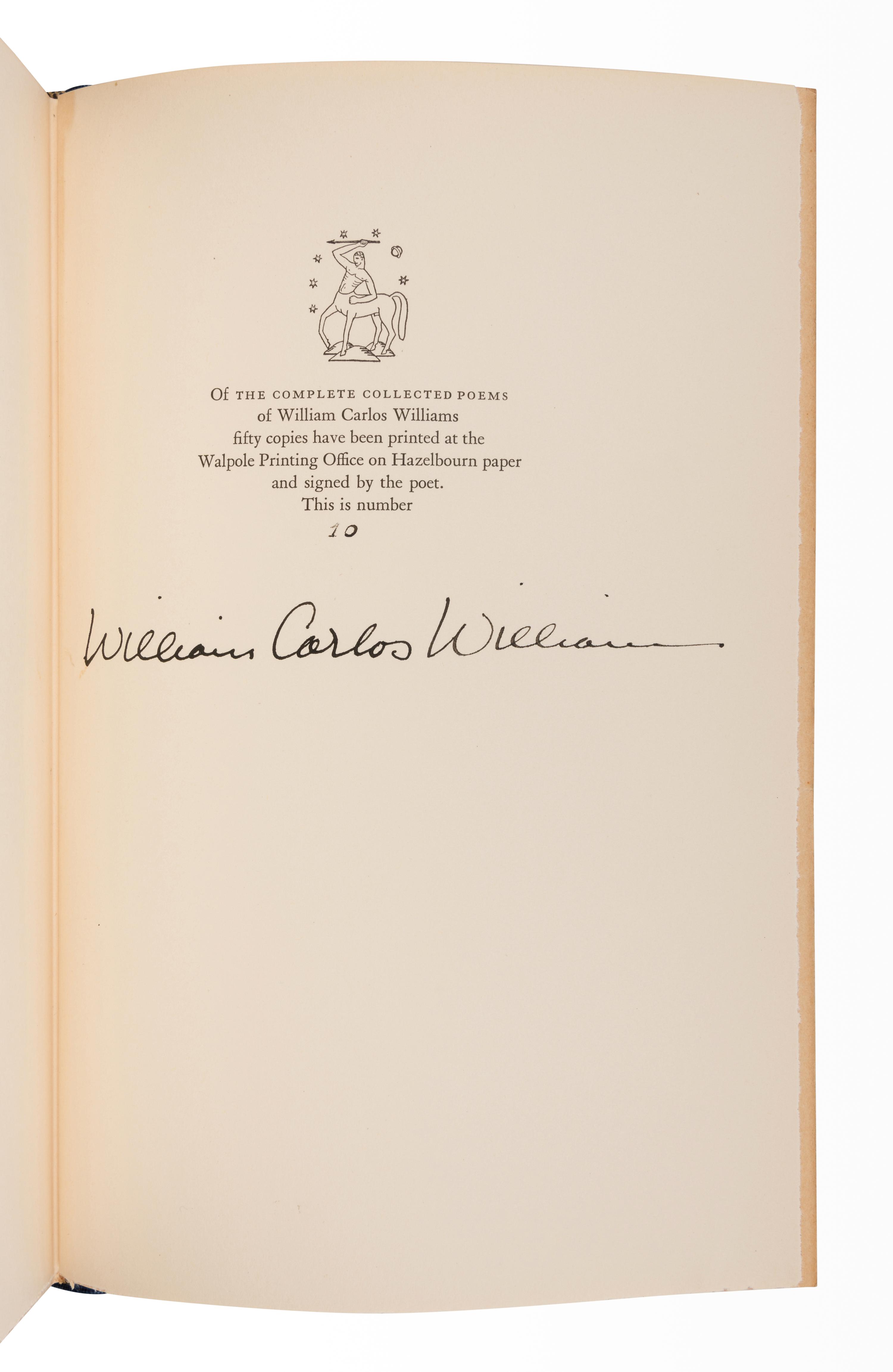 WILLIAMS, William Carlos (1883-1963). The Complete Collected Poems . Norfolk, CT: New Directions, 1938.