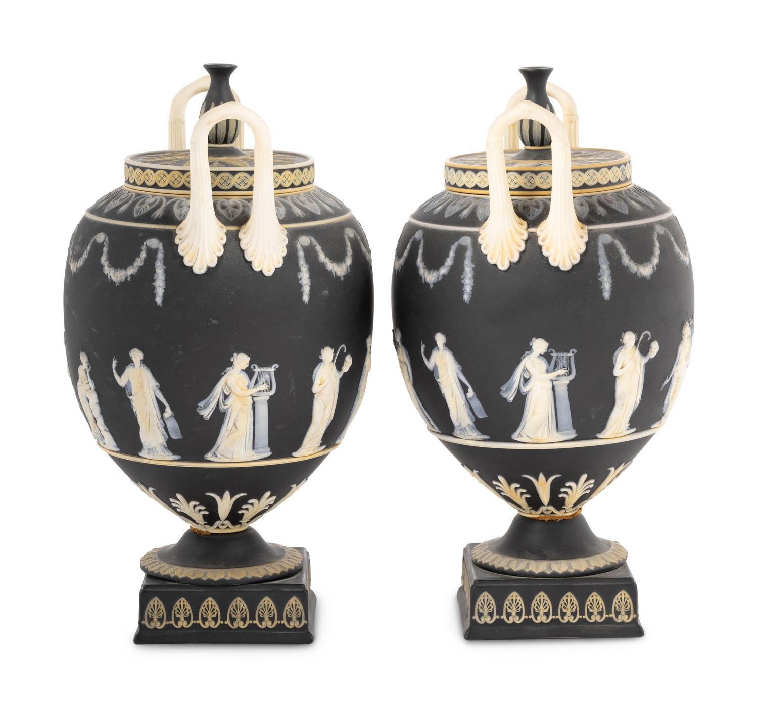 A Pair of Wedgwood Jasperware Lidded Urns