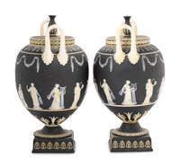 A Pair of Wedgwood Jasperware Lidded Urns
