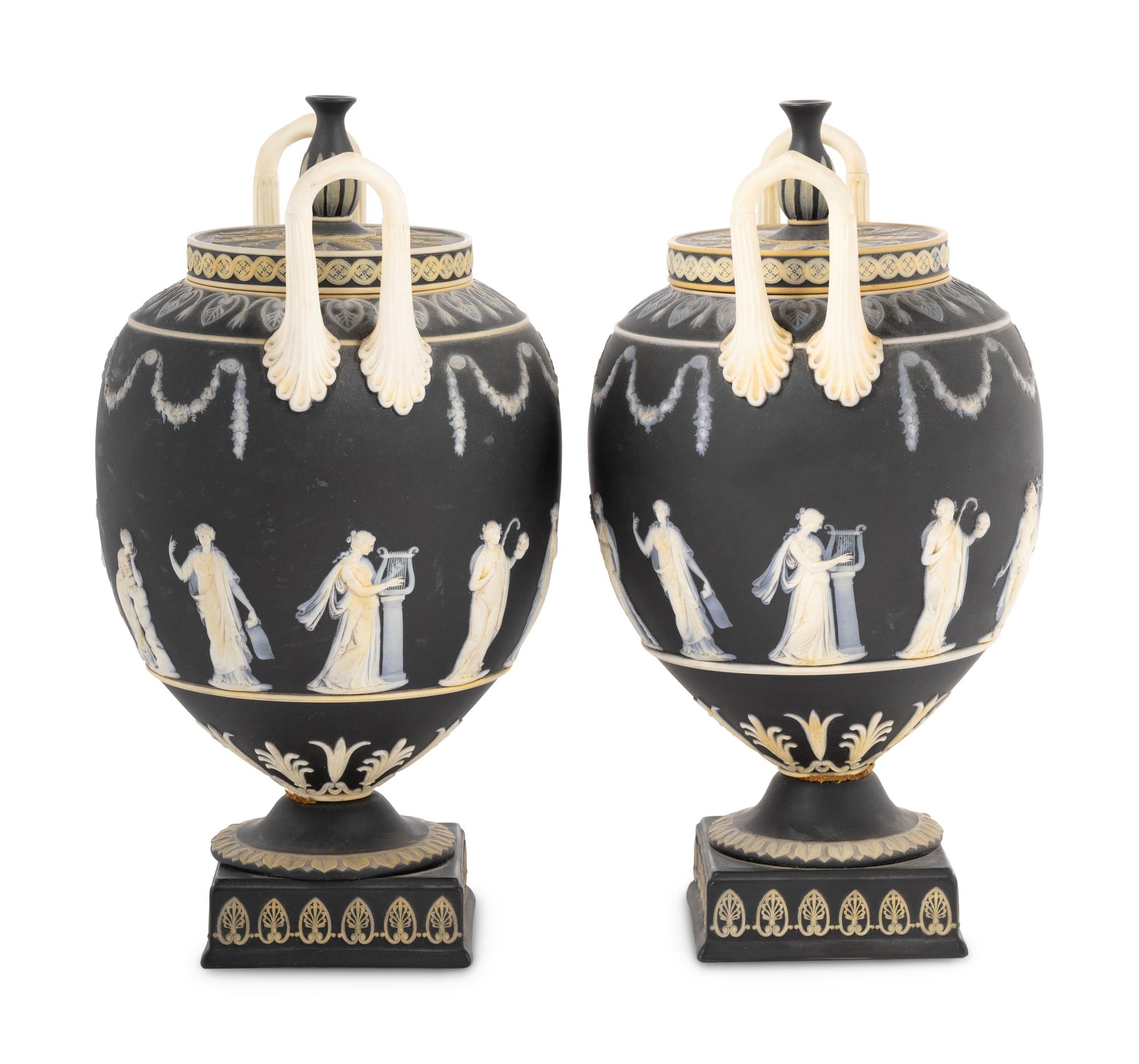 A Pair of Wedgwood Jasperware Lidded Urns