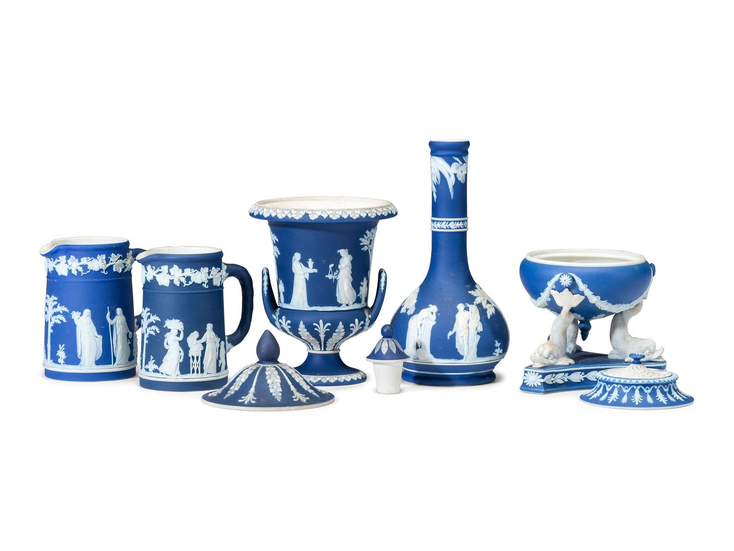 Five Wedgwood Blue Jasperware Articles