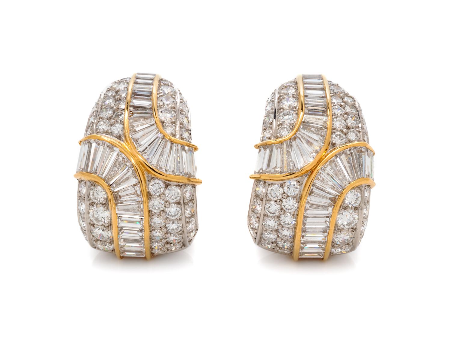 A Pair of Platinum, 18 Karat Yellow Gold and Diamond Earclips, 17.70 dwts.