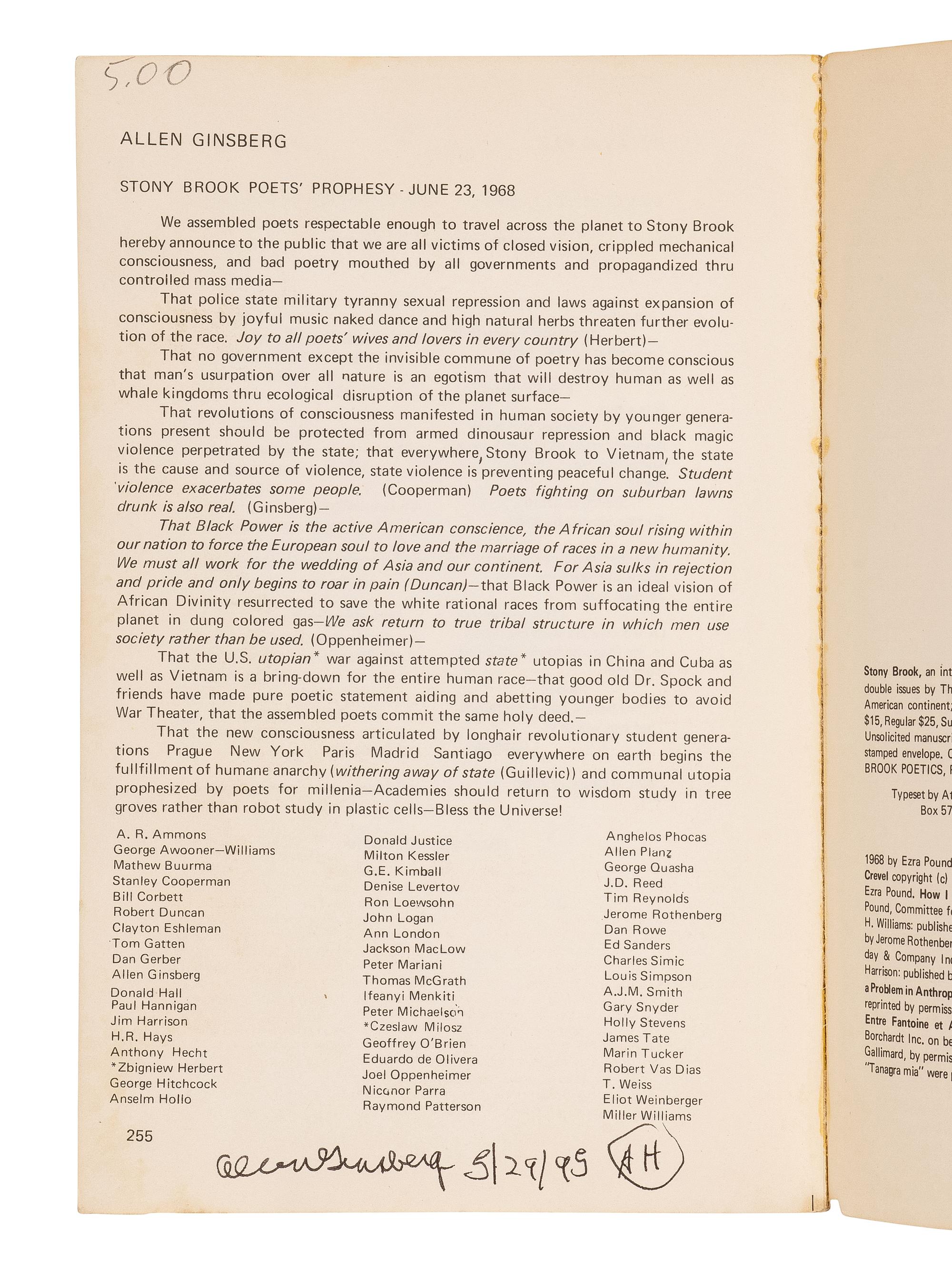 GINSBERG, Allen (1926-1997). A group of 4 works ALL SIGNED BY GINSBERG, comprising: