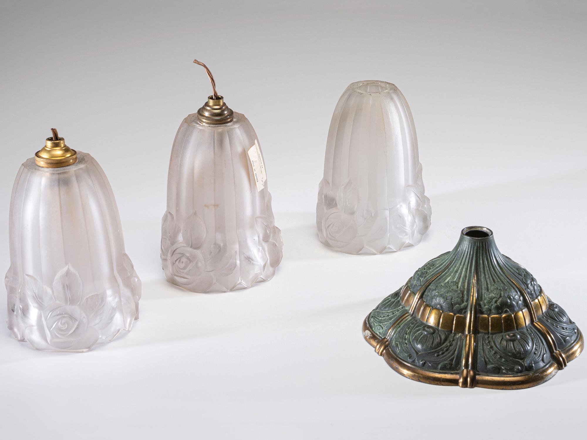 An Art Deco Gilt Metal and Frosted Glass Chandelier