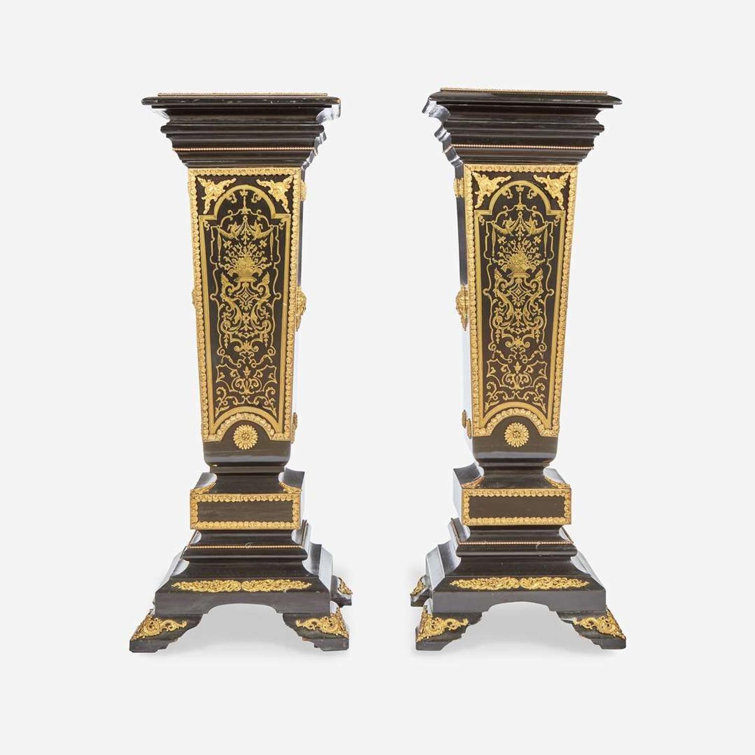 A Pair of Louis XIV Style Boulle Marquetry Inlaid Gilt-Bronze Mounted Ebonized Marble Top Pedestals 20th century