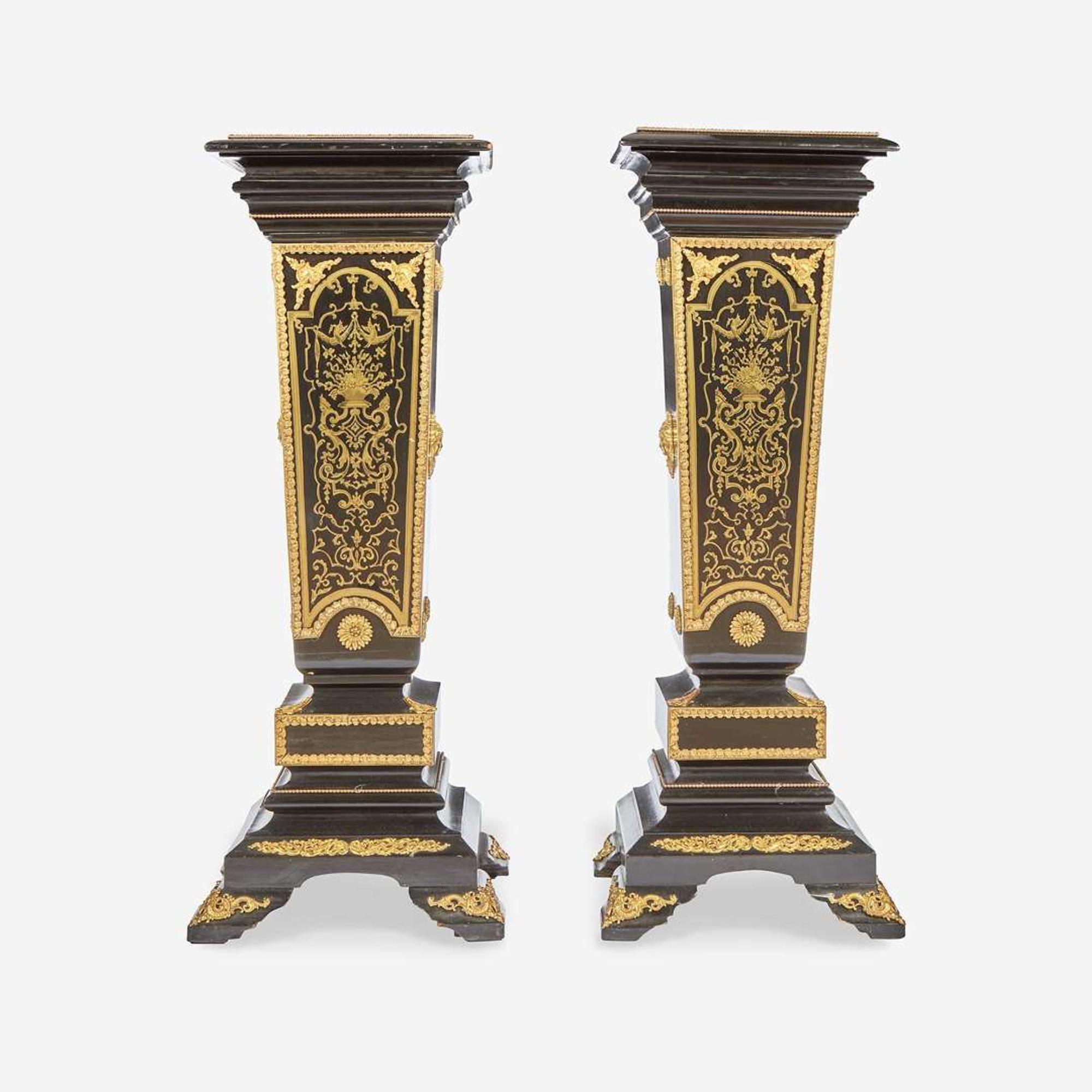 A Pair of Louis XIV Style Boulle Marquetry Inlaid Gilt-Bronze Mounted Ebonized Marble Top Pedestals 20th century