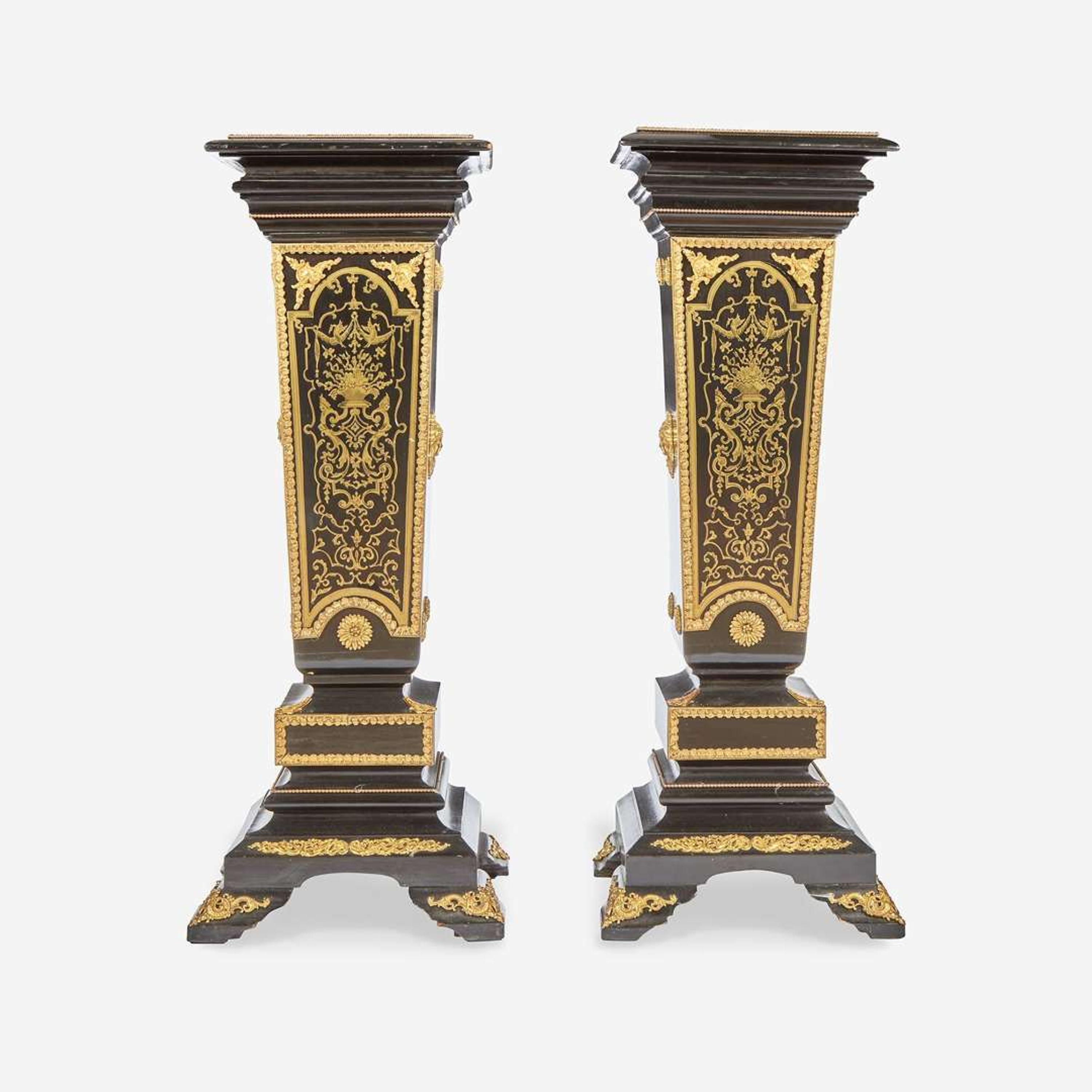 A Pair of Louis XIV Style Boulle Marquetry Inlaid Gilt-Bronze Mounted Ebonized Marble Top Pedestals 20th century
