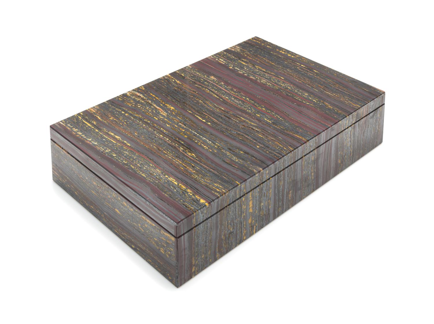A Tiger Iron Hardstone Jewelry Casket, , opening to an agate interior.