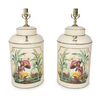 A Pair of Painted Tole Cannister-form Table Lamps — 20TH/21ST CENTURY