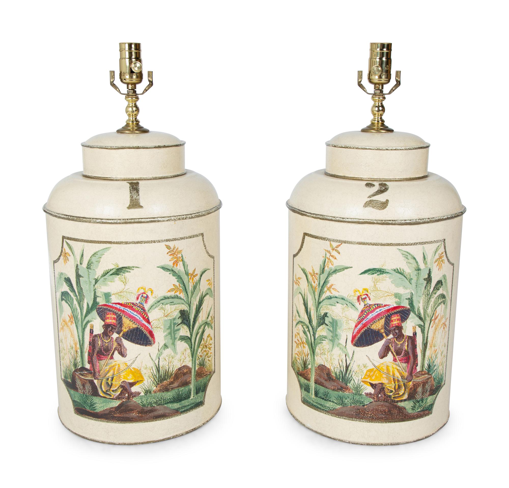 A Pair of Painted Tole Cannister-form Table Lamps — 20TH/21ST CENTURY