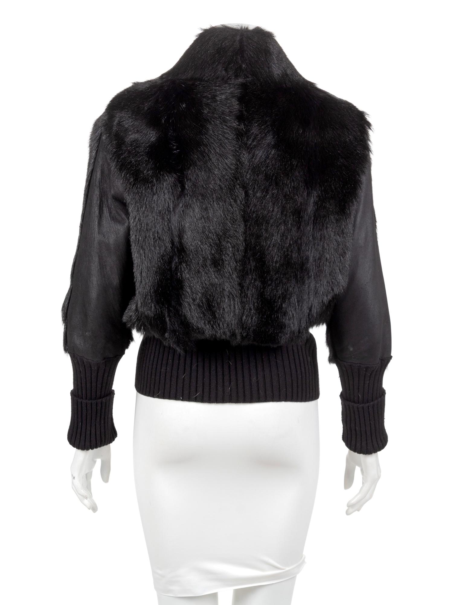 Black Fur Zip Jacket with Knit Waist and Cuffs, 1990's