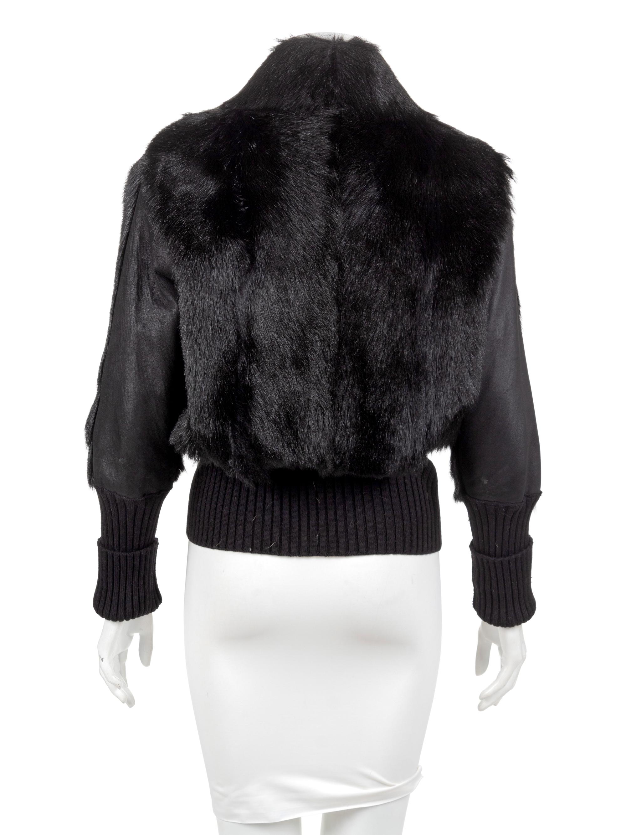 Black Fur Zip Jacket with Knit Waist and Cuffs, 1990's