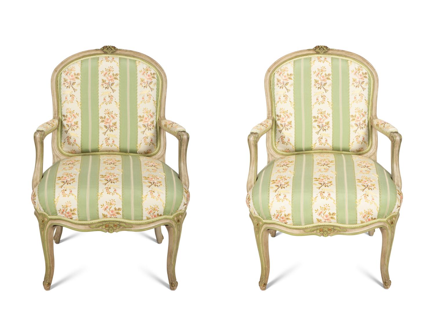 A Pair of Louis XV Style Green-Painted Fauteuils