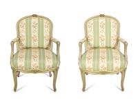 A Pair of Louis XV Style Green-Painted Fauteuils