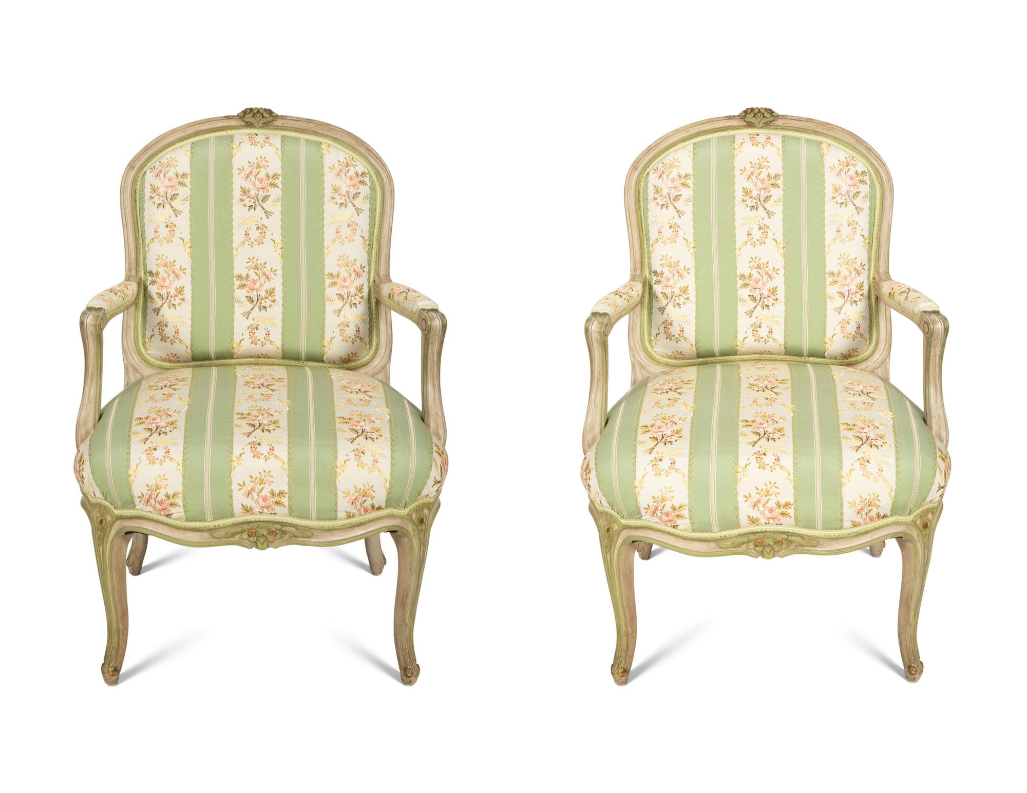A Pair of Louis XV Style Green-Painted Fauteuils