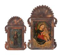 Two Spanish Colonial Retablos in Pressed and Painted Tin Frames