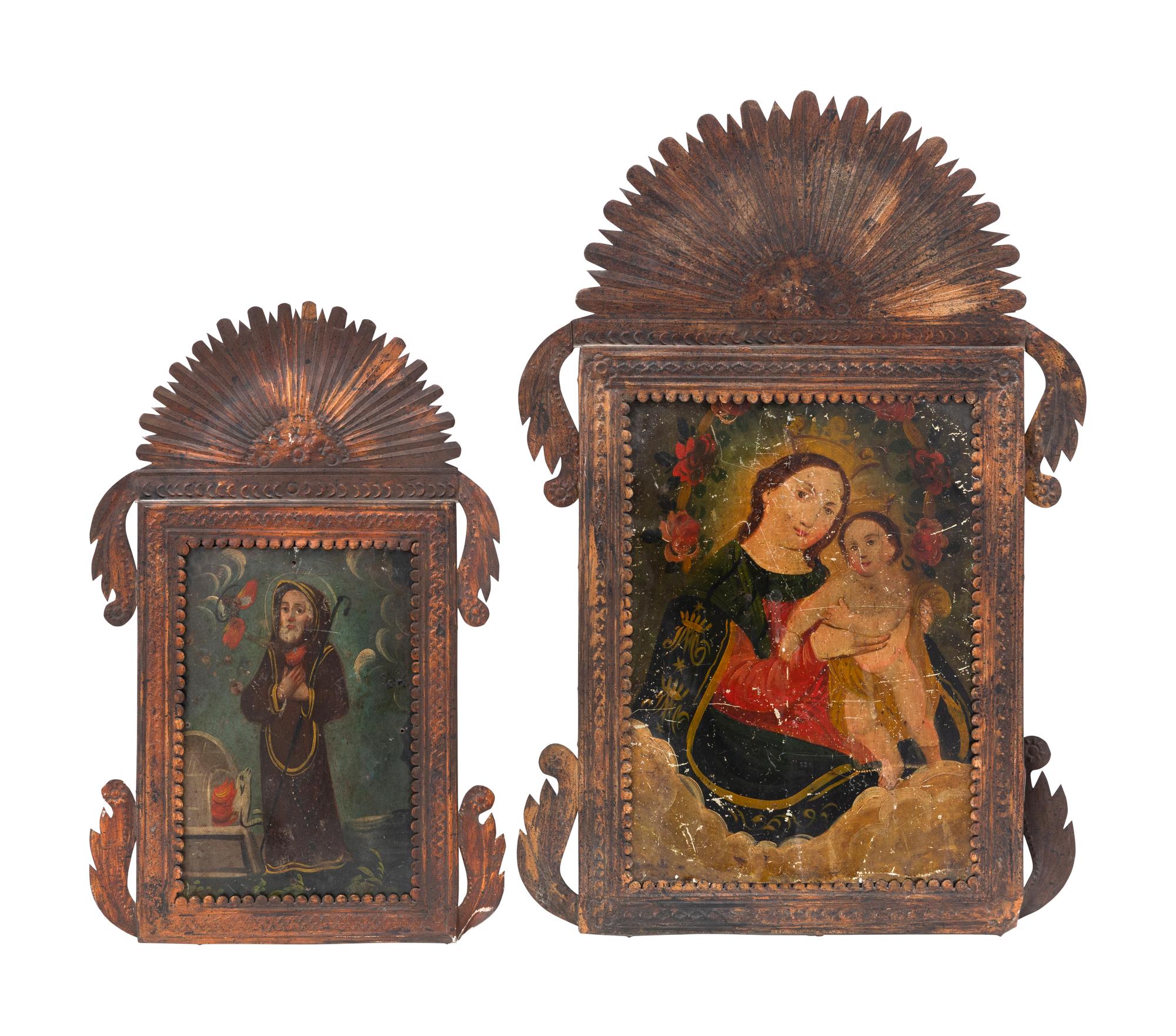 Two Spanish Colonial Retablos in Pressed and Painted Tin Frames