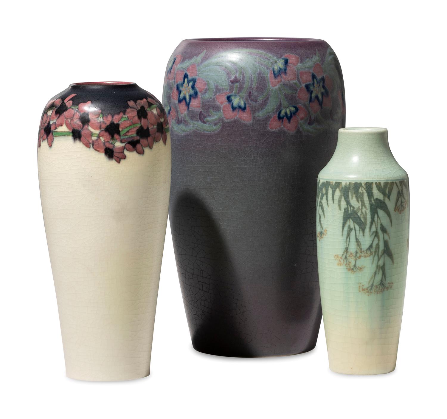 Three Artist Decorated Rookwood Pottery Floral Vellum Vases