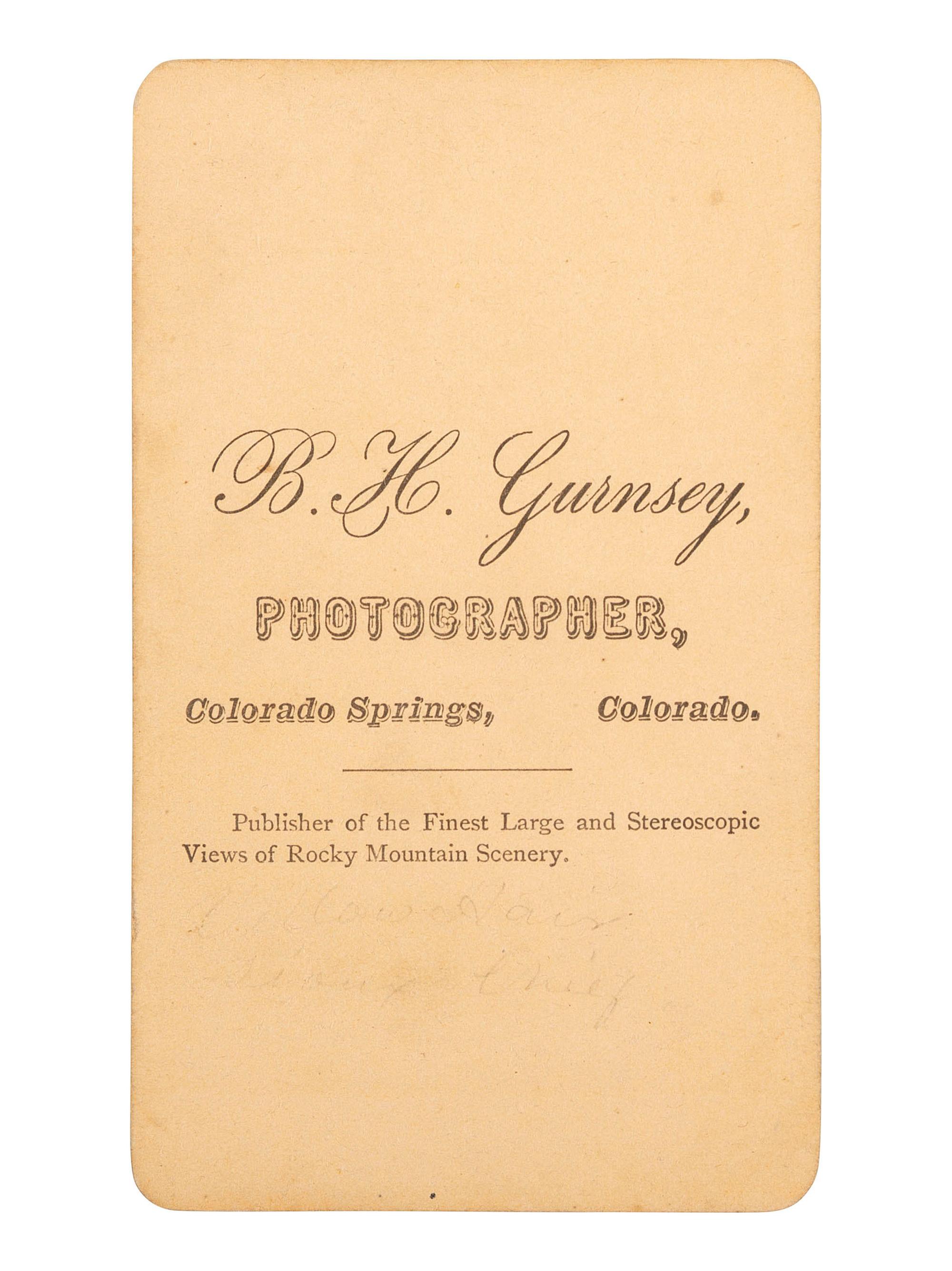 [NATIVE AMERICANS]. CDV of "Yellow Hair / Sioux Chief." Colorado Springs, CO: Byron H. Gurnsey, [1870].