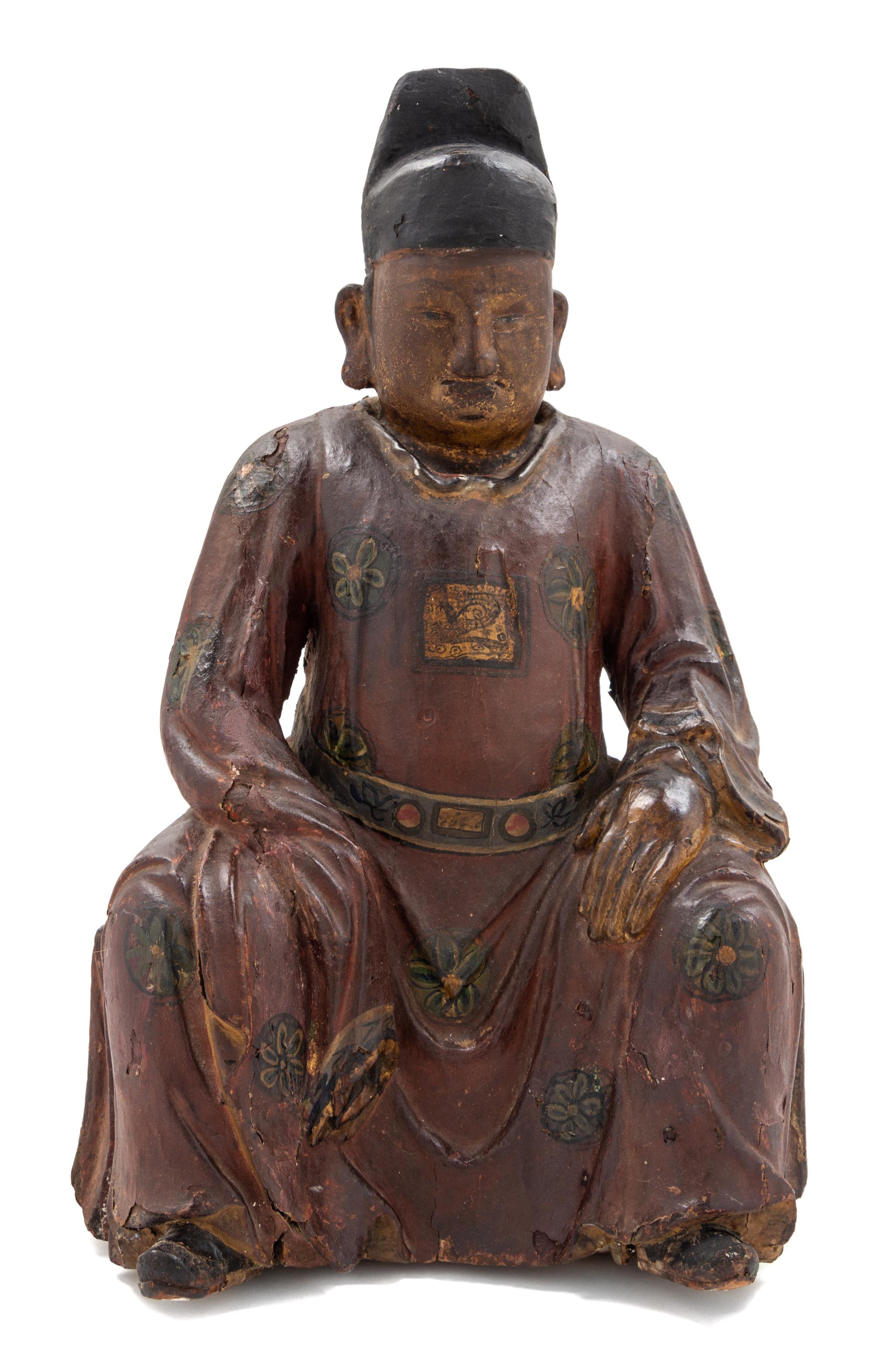 A Chinese Lacquered Carved Wood Figure Height overall 18 inches. — 18TH/19TH CENTURY