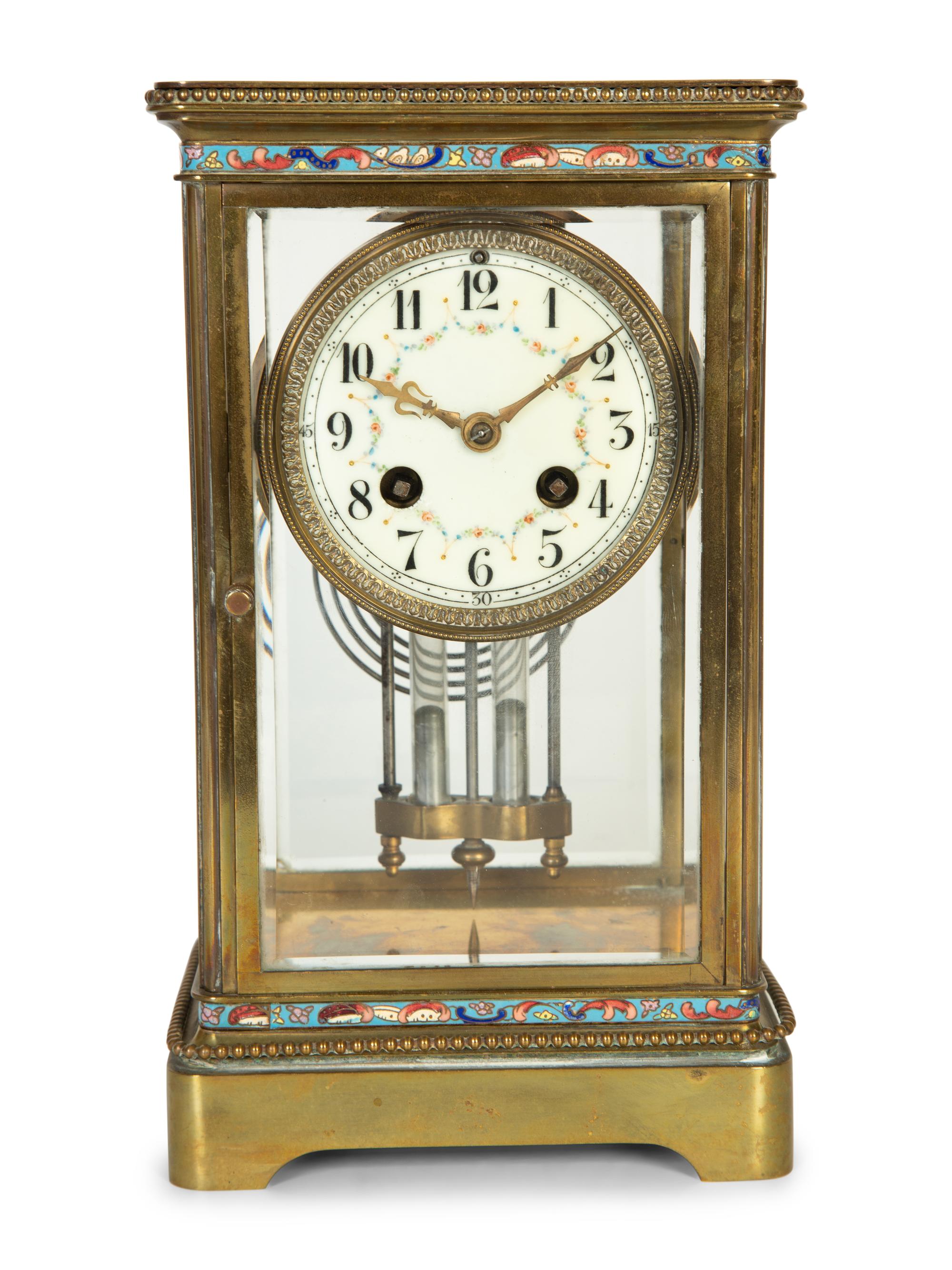 A French Neoclassical Style Gilt Metal and Cloisonné Mantle Clock