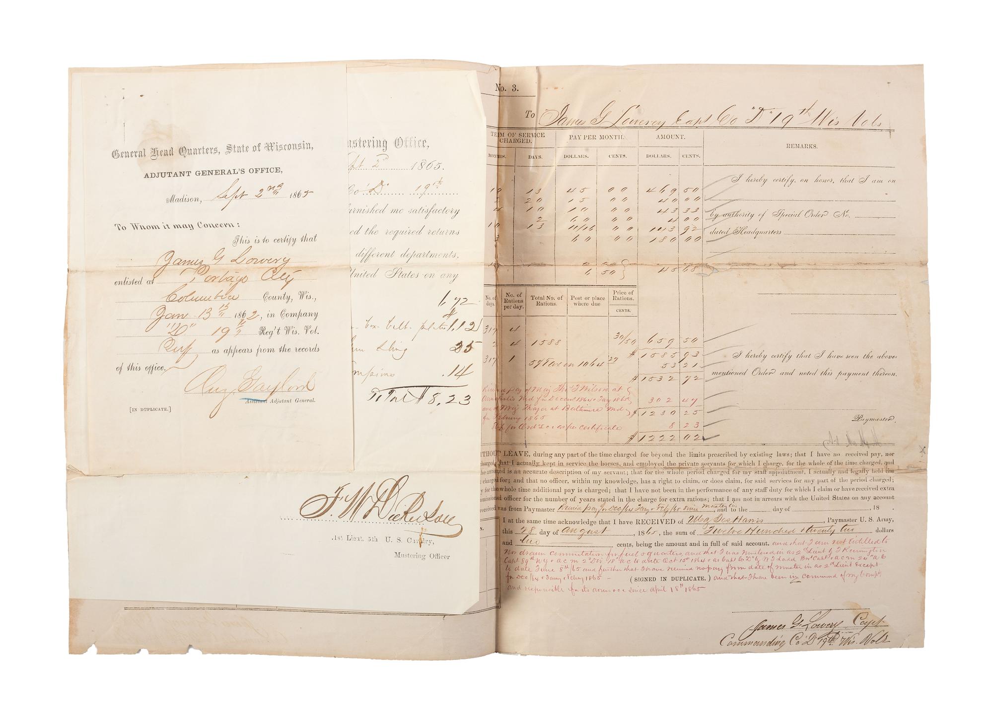 [CIVIL WAR]. A group of 4 documents, incl. partly printed pay vouchers accounting for Black private servants.
