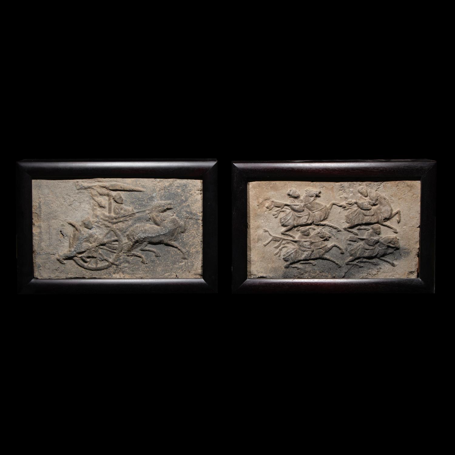 Two Chinese Han Style Carved Pottery ‘Figural’ Tomb Tiles 人物圖畫像磚兩件