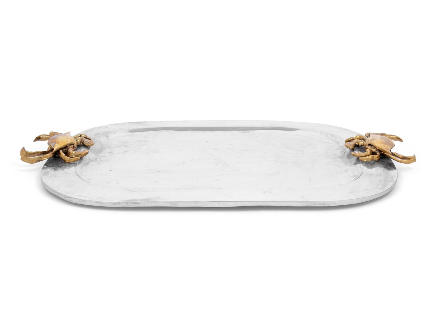 A Mexican Aluminum Serving Tray with Brass "Crab" Handles