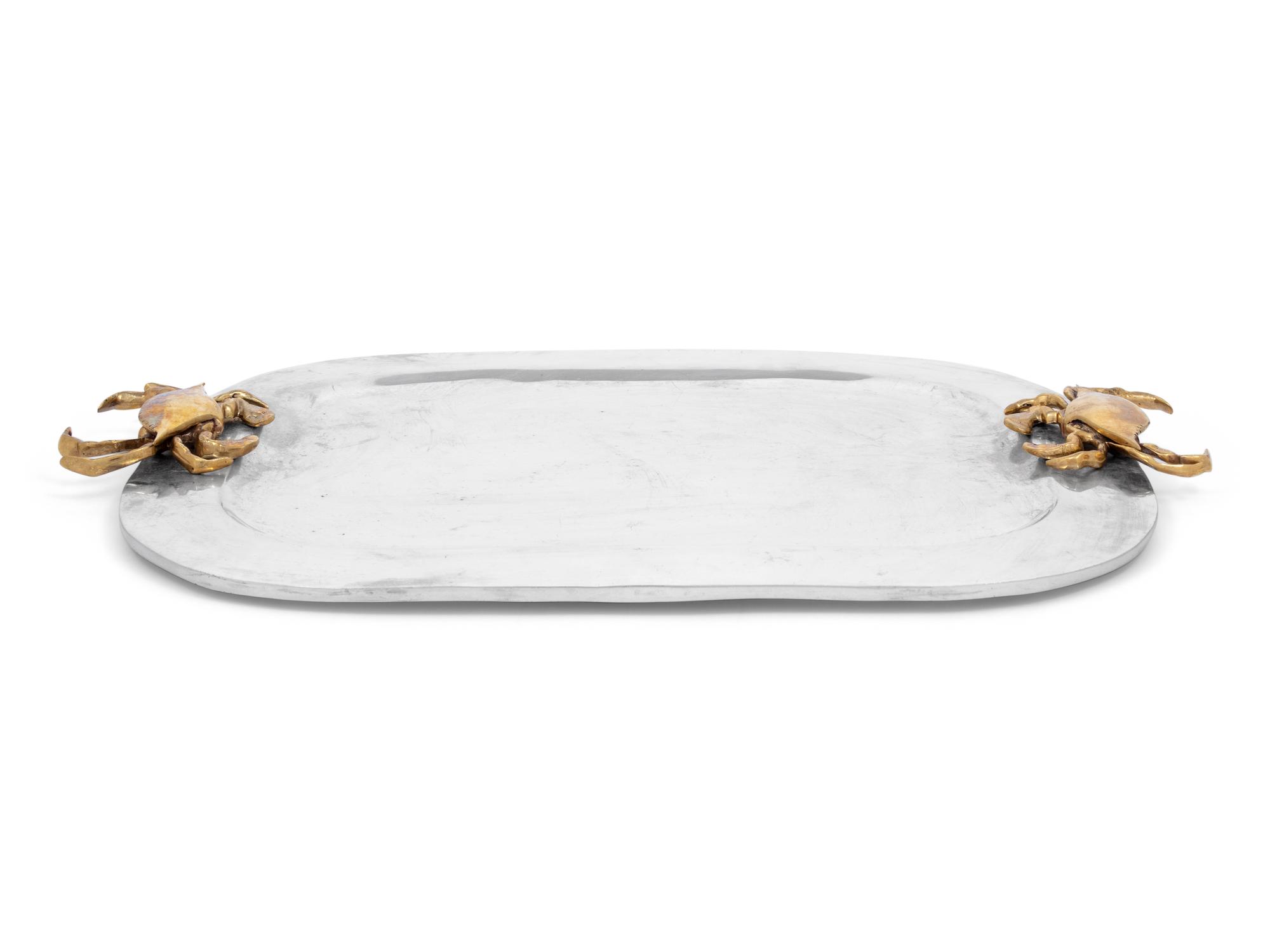 A Mexican Aluminum Serving Tray with Brass "Crab" Handles