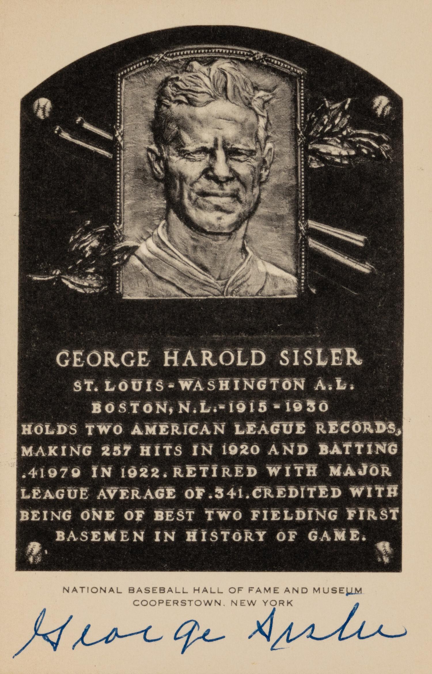 A George Sisler 1956-63 Artvue Signed Autograph Hall of Fame Postcard (Beckett Authentication Services Pre Certified)