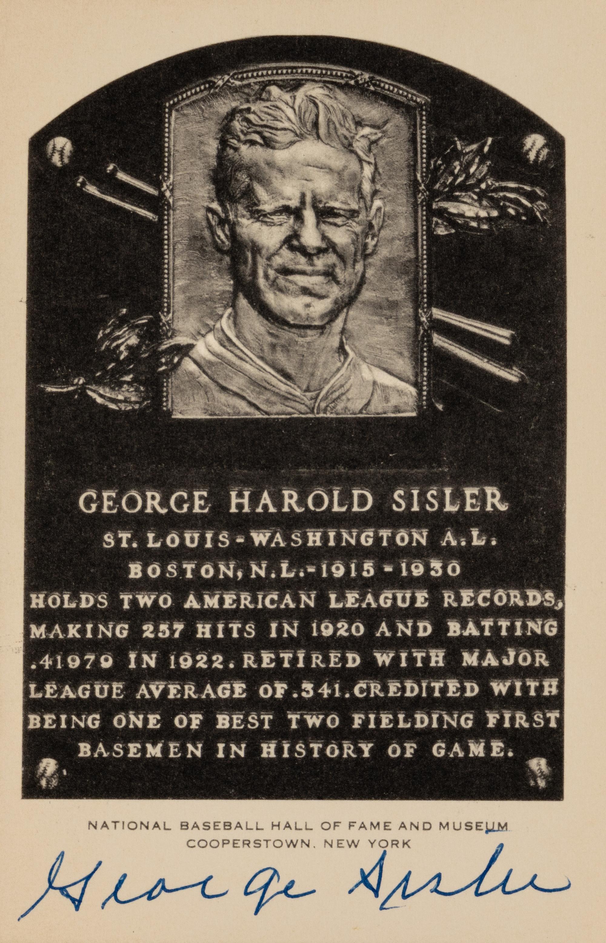 A George Sisler 1956-63 Artvue Signed Autograph Hall of Fame Postcard (Beckett Authentication Services Pre Certified)