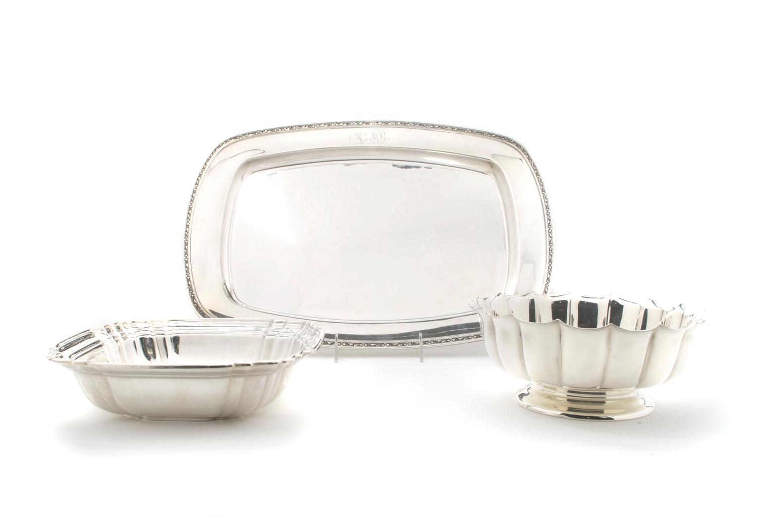 A Group of Three Silver Vessels, Width of widest 17 1/2 inches.