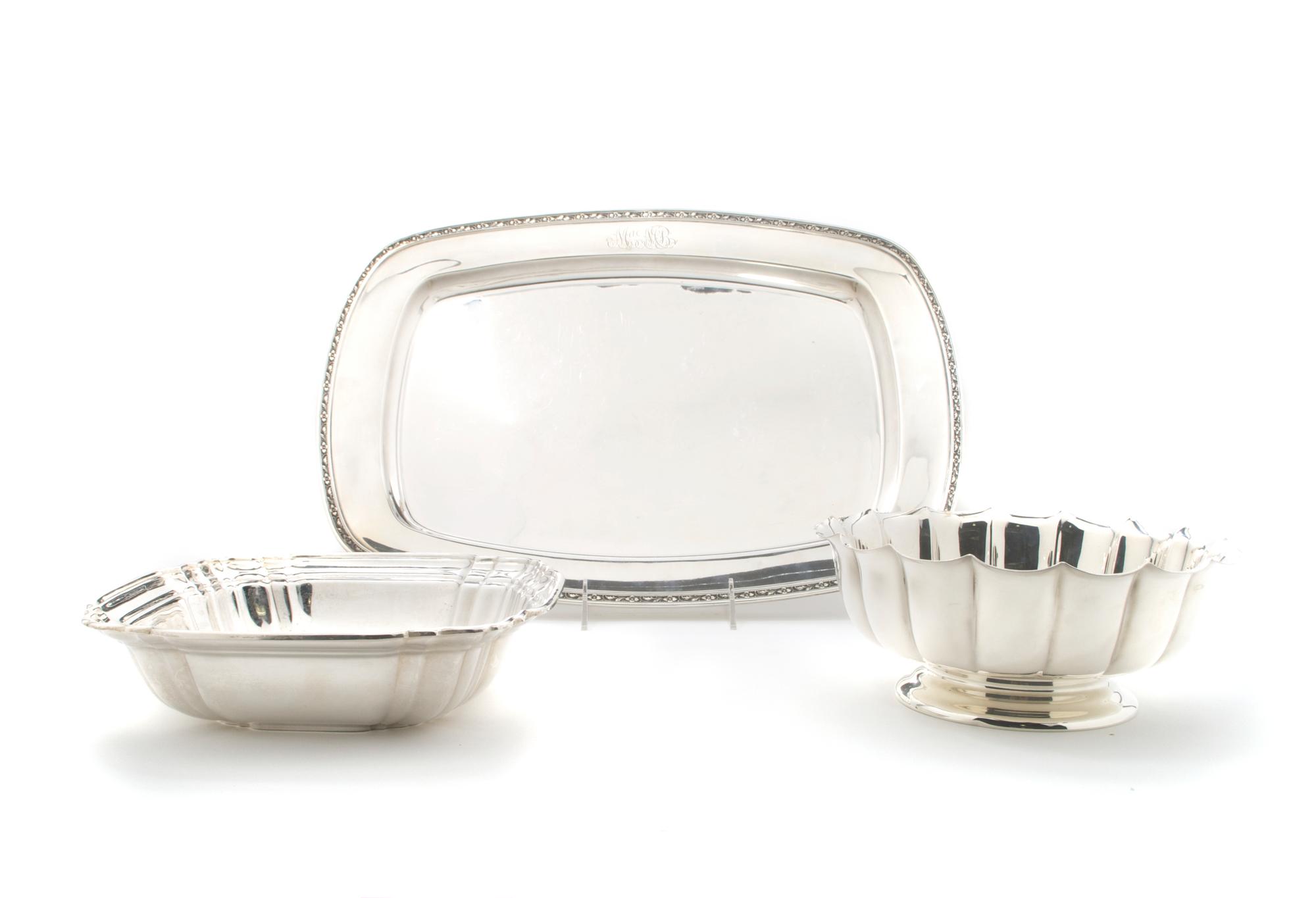A Group of Three Silver Vessels, Width of widest 17 1/2 inches.