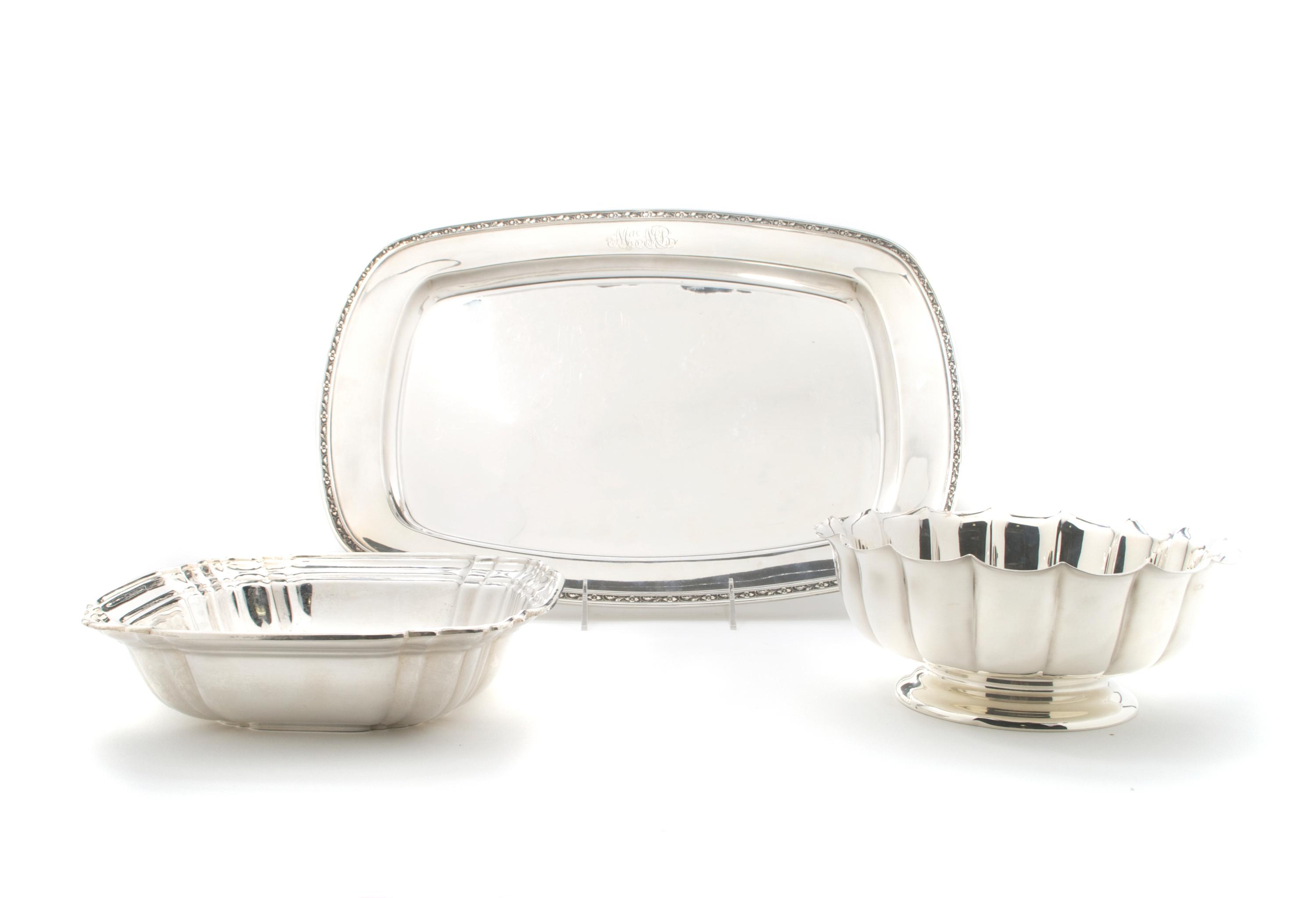 A Group of Three Silver Vessels, Width of widest 17 1/2 inches.