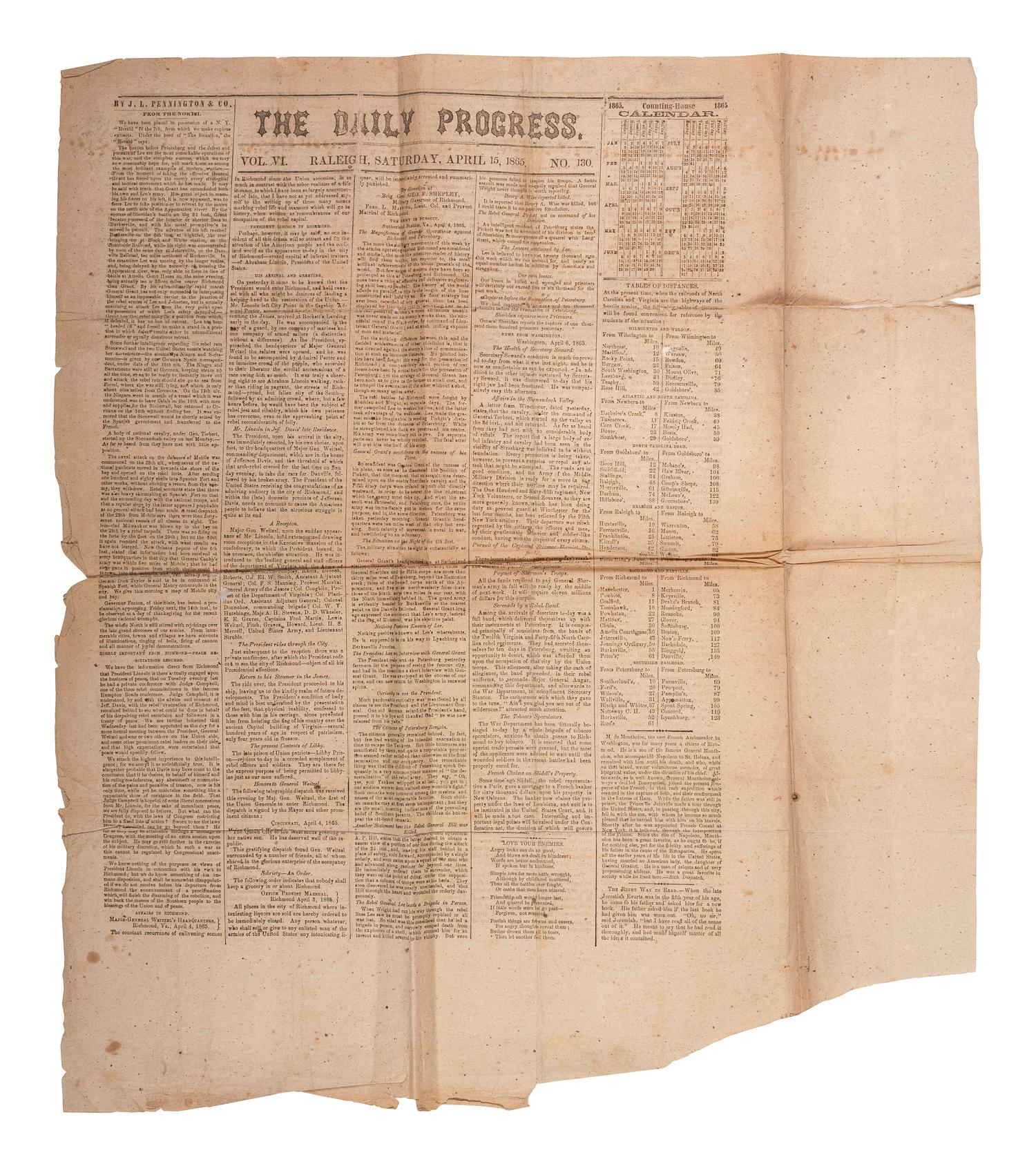 [CIVIL WAR]. Two Southern newspapers covering the evacuation and capture of Richmond, featuring a 15 April 1865 newspaper covering Lincoln's visit to Richmond but unaware of his assassination.